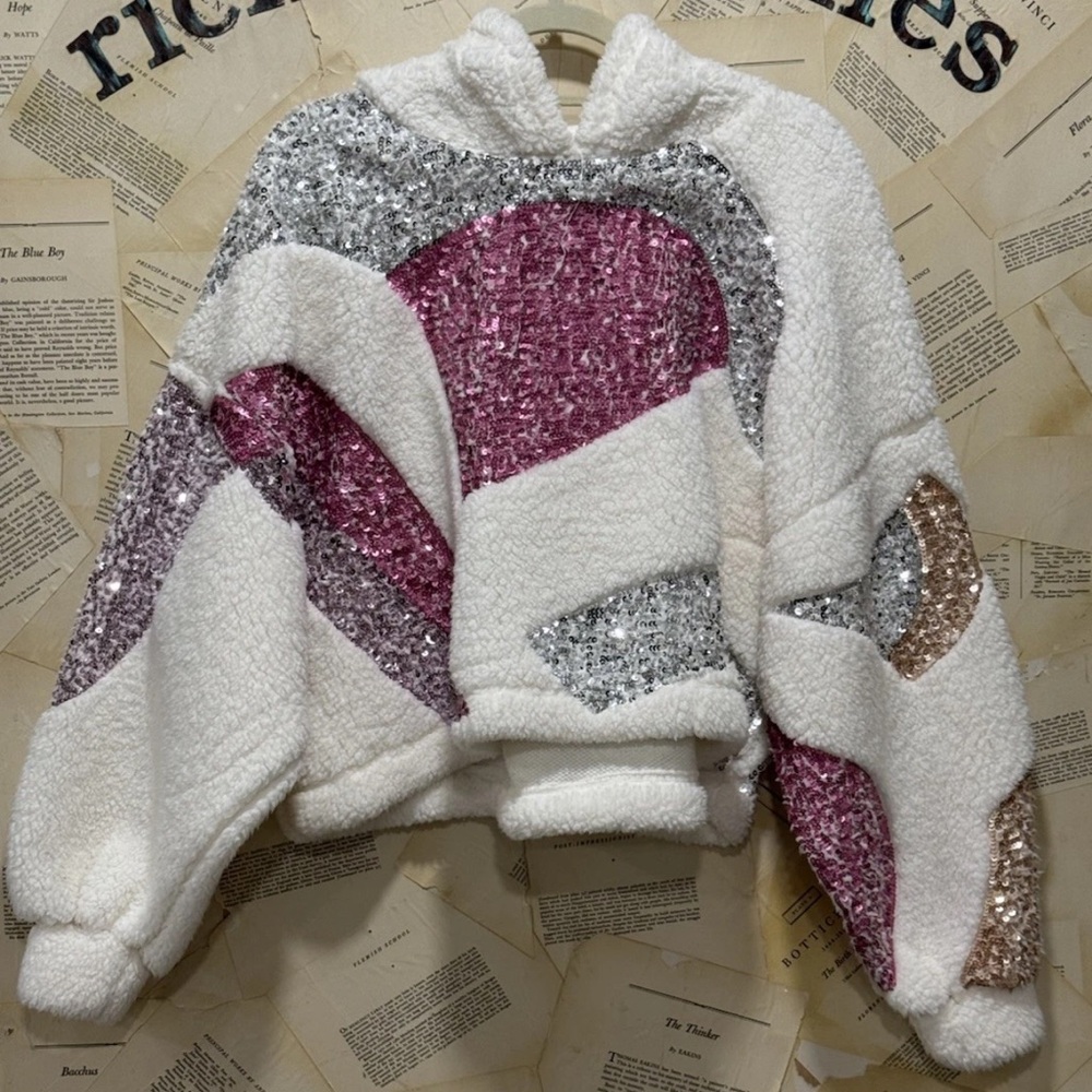 Free People Patchwork Sequin Sweatshirt Hooded Fu… - image 1